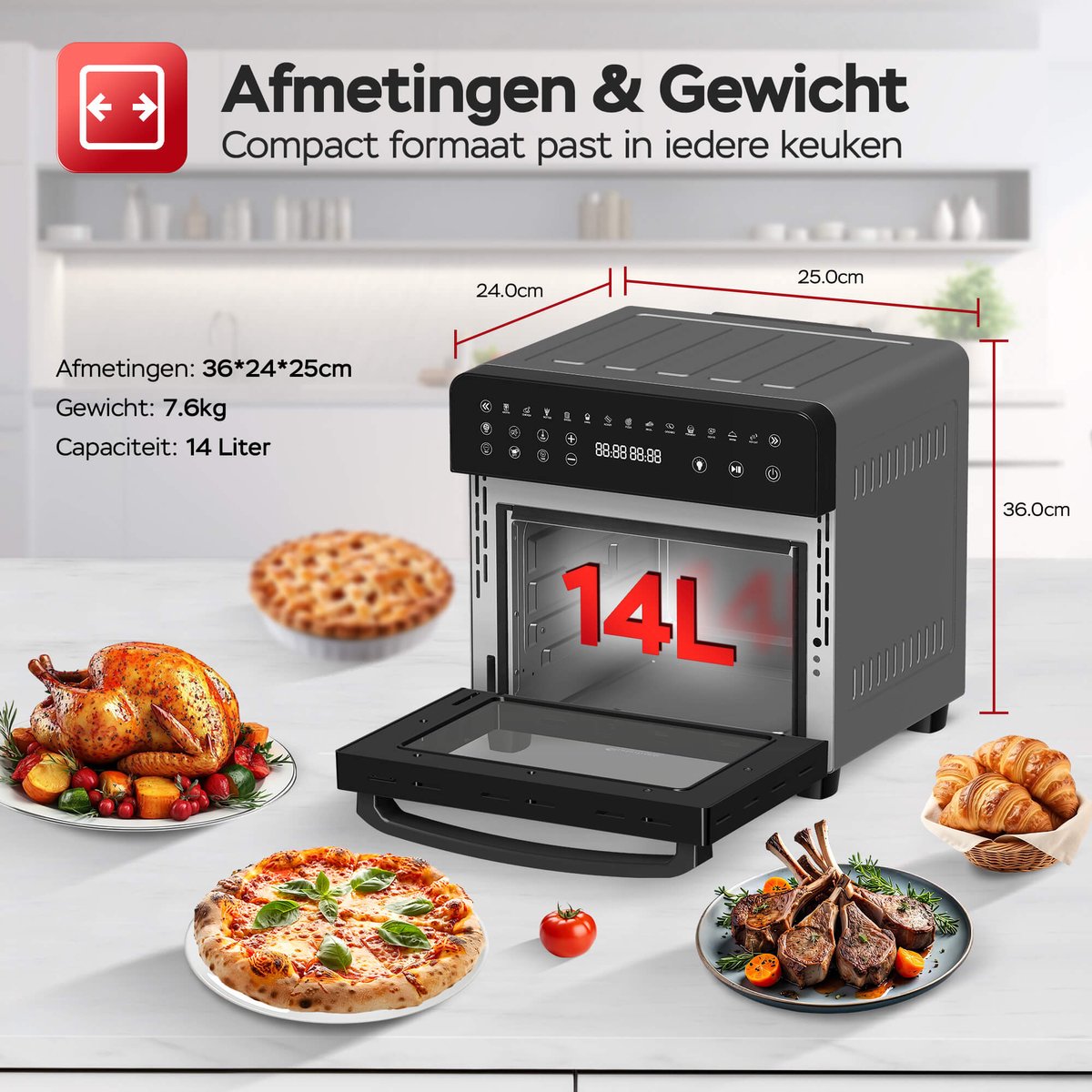 Afbeelding 2 van TurboTronic AFO14 Airfryer XXL en Vrijstaande Oven - Insclusief Draaispit - Mini Oven - Zwart