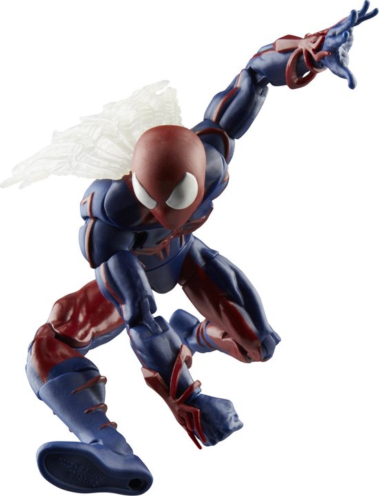 Actiefiguur van Spider-Man Unlimited, rood en blauw, in een dynamische sprong met witte cape.