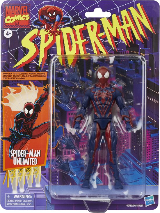 Verpakte actiefiguur van Spider-Man Unlimited, rood en blauw, met stadsachtergrond.