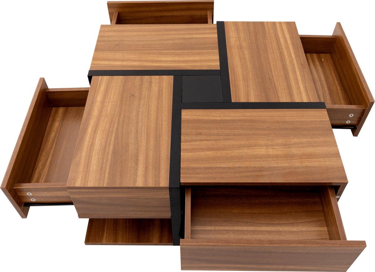 Merax Vierkante Salontafel – 78x78 cm – Bruin met Zwart – 4 Lades