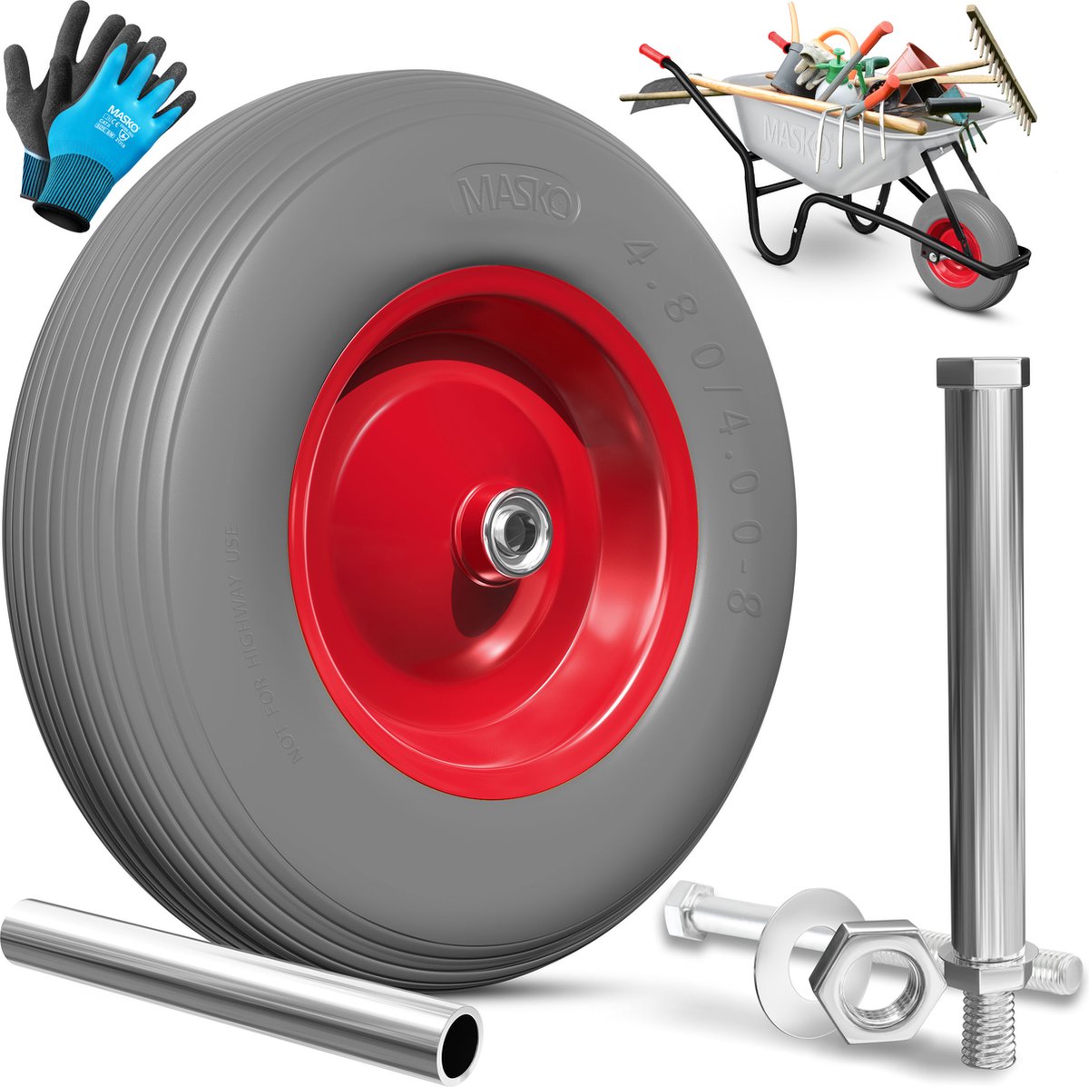 MASKO® PU Kruiwagenwiel Massief Rubber 4.80/4.00-8 Ø 390mm inclusief As - Vervangwiel voor Kruiwagen Tuinwagen PU Wiel - Rood / Grijs
