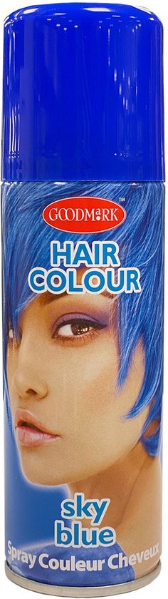 Goodmark Haarkleur Spray Sky Blue met opdruk van een vrouw met blauw haar.