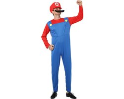 Joya Kids® Mario Verkleedpak Kostuum | Carnavalskleding Verkleedkleding Mannen | Heren | Carnaval Super Mario Kostuum | Polyester | 3-Delig T-Shirt Tuinbroekpak, Pet en Snor | Maat XL