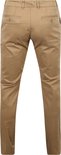 Achterkant van een lichtbruine chino broek met twee achterzakken met knoop.