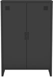 Armoire métallique noire de bureau avec deux portes, deux poignées et quatre pieds inclinés. Aérations sur le dessus.