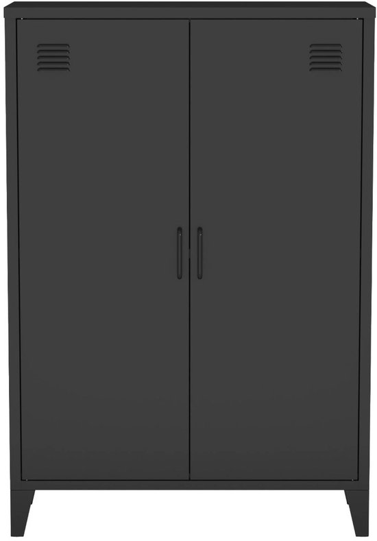 Armoire métallique noire de bureau avec deux portes, deux poignées et quatre pieds inclinés. Aérations sur le dessus.