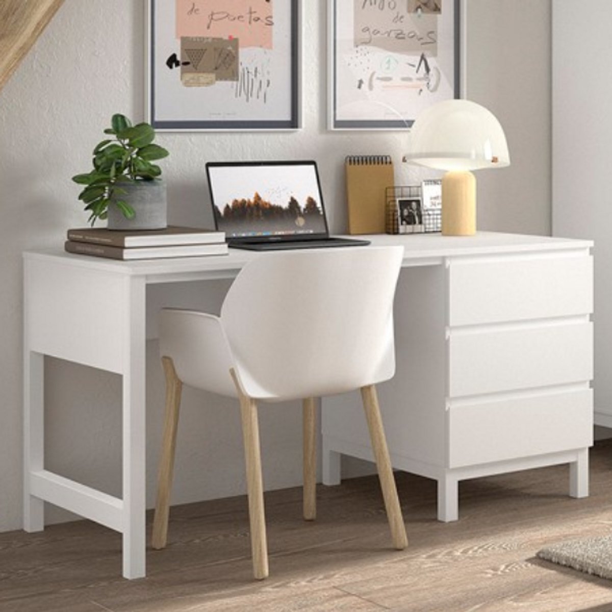 Bureau Eva - 140x70x75cm - Met Drie Lades - Wit - Vipack - Bureau - Wit - Hout; MDF