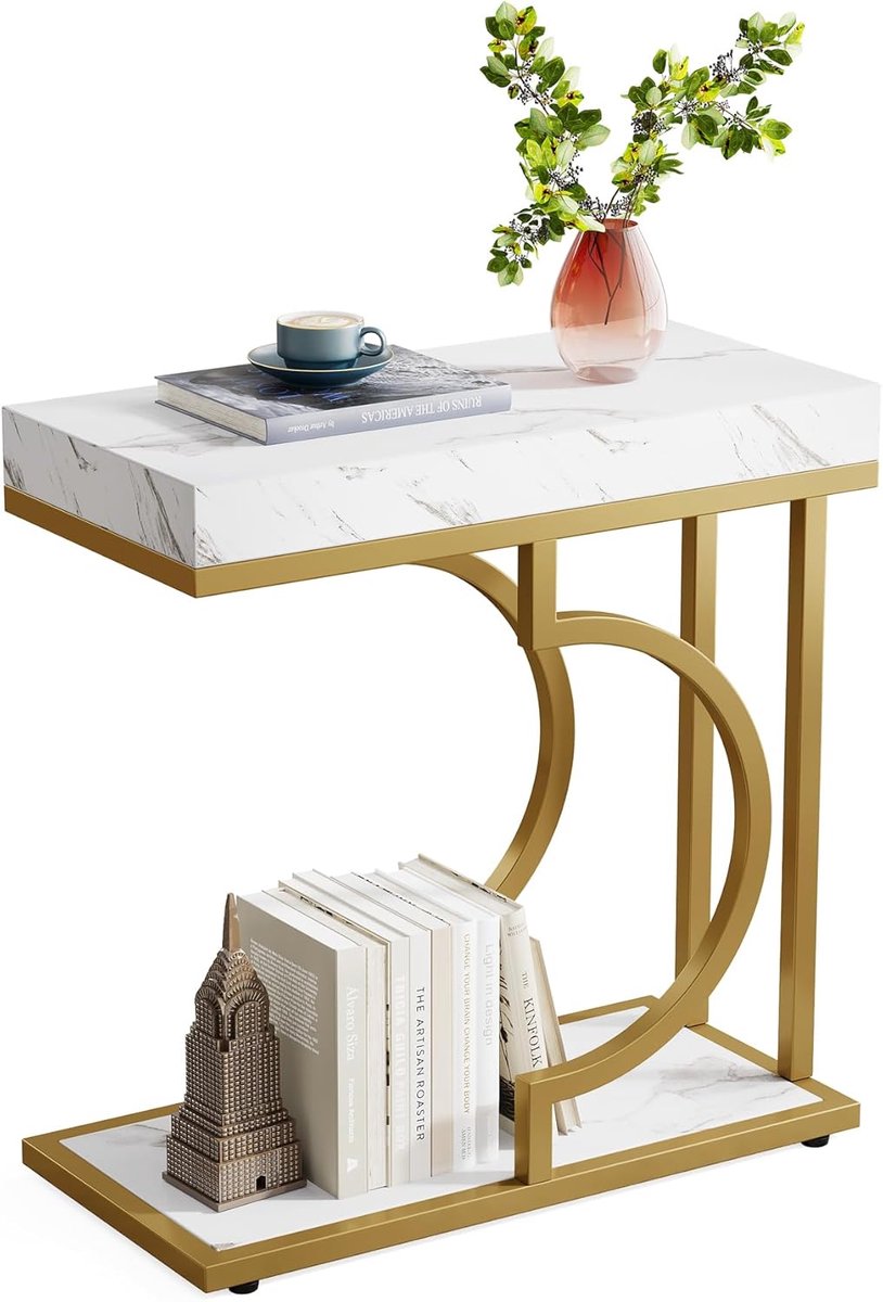 TRIBESIGNS - Bijzettafel - Bedtafel - Zijtafel - Modern - 60 x 30 x 60 cm - Nachtkastje Kleine Salontafel - Wit en Goud