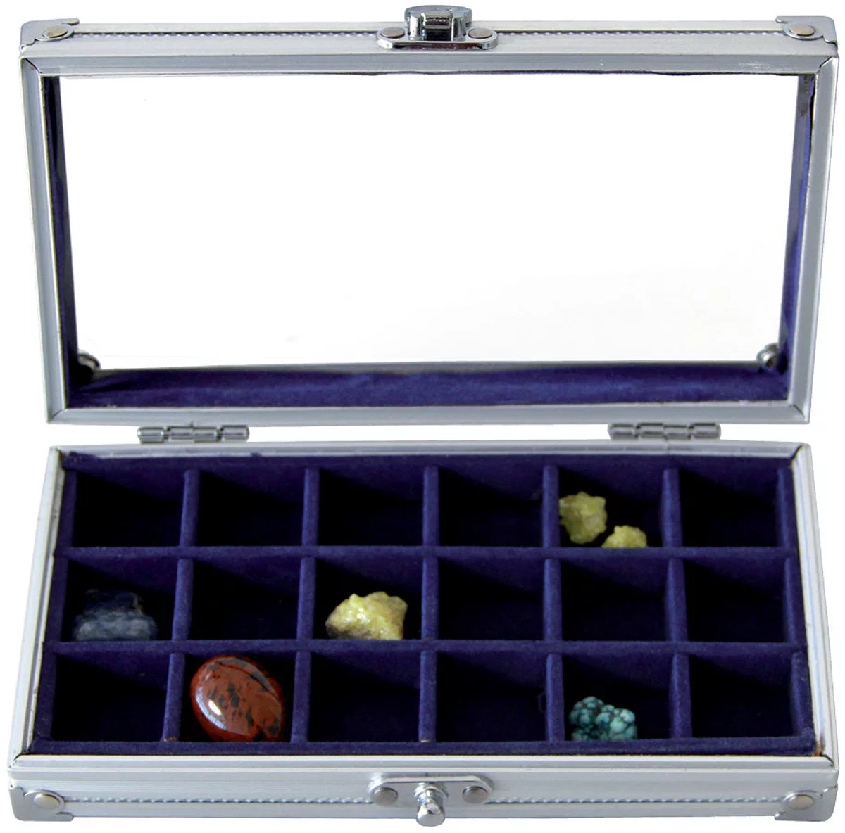 SAFE Aluminium vitrine cassette met acrylglas deksel en 18 compartimenten - 19 x 11,5 x 4 cm