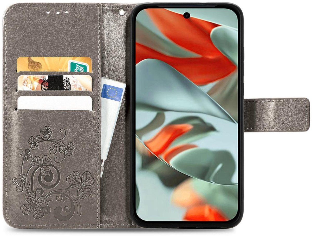 Mobigear Telefoonhoesje geschikt voor Google Pixel 9 Pro XL Hoesje | Mobigear Clover Bookcase Portemonnee | Pasjeshouder voor 3 Pasjes | Telefoonhoesje voor Pinpas / OV Kaart / Rijbewijs - Grijs