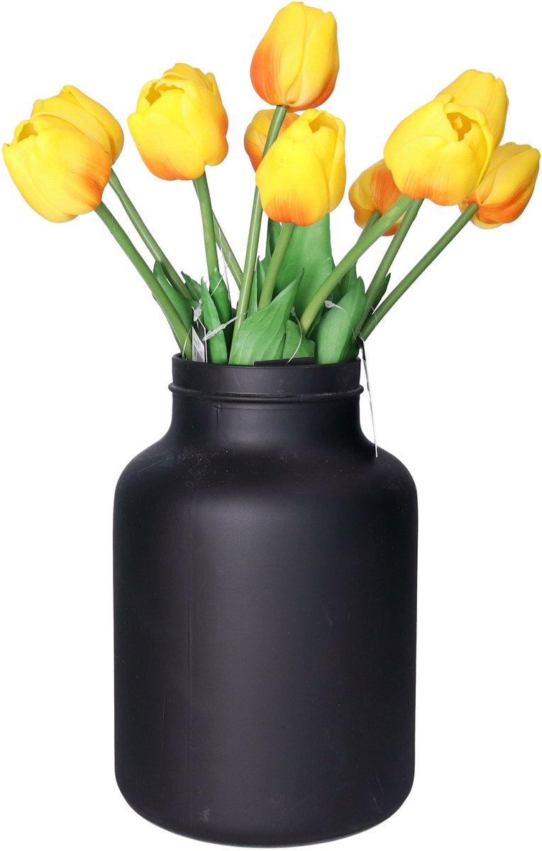 Countryfield Kunstbloemen bos Tulp Tulipa - 7x - 44 cm - geel/fuchsia - Real Touch - kunst zijdebloemen