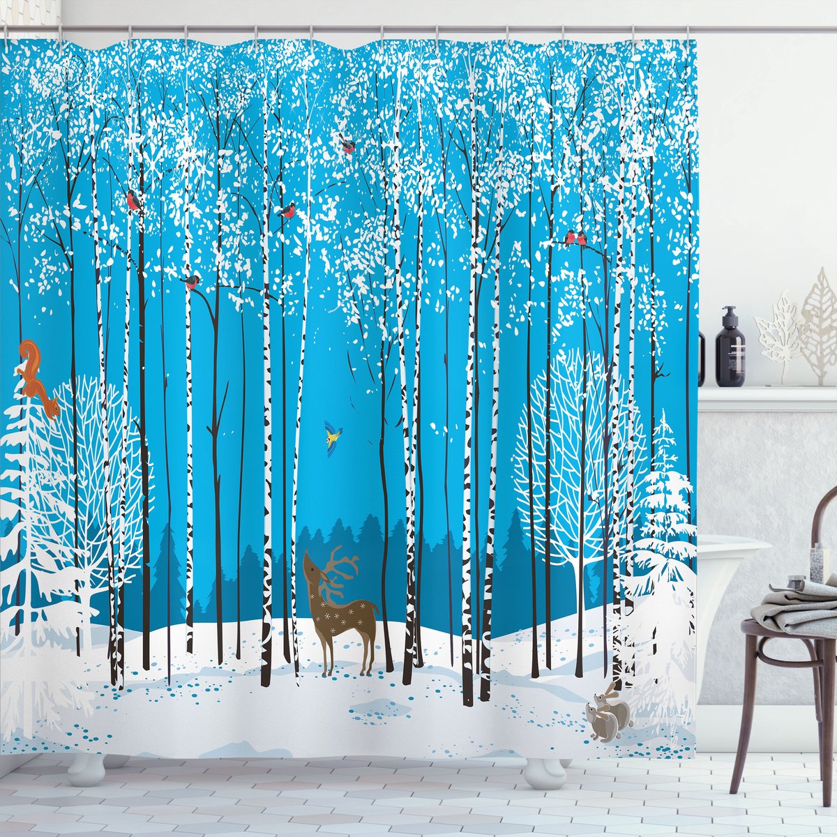 New Bed, Kerstmis Troupes Van Bullfinches, Douchegordijn Badkamer Decor Set met Haakjes, 175 cm B 180 cm L