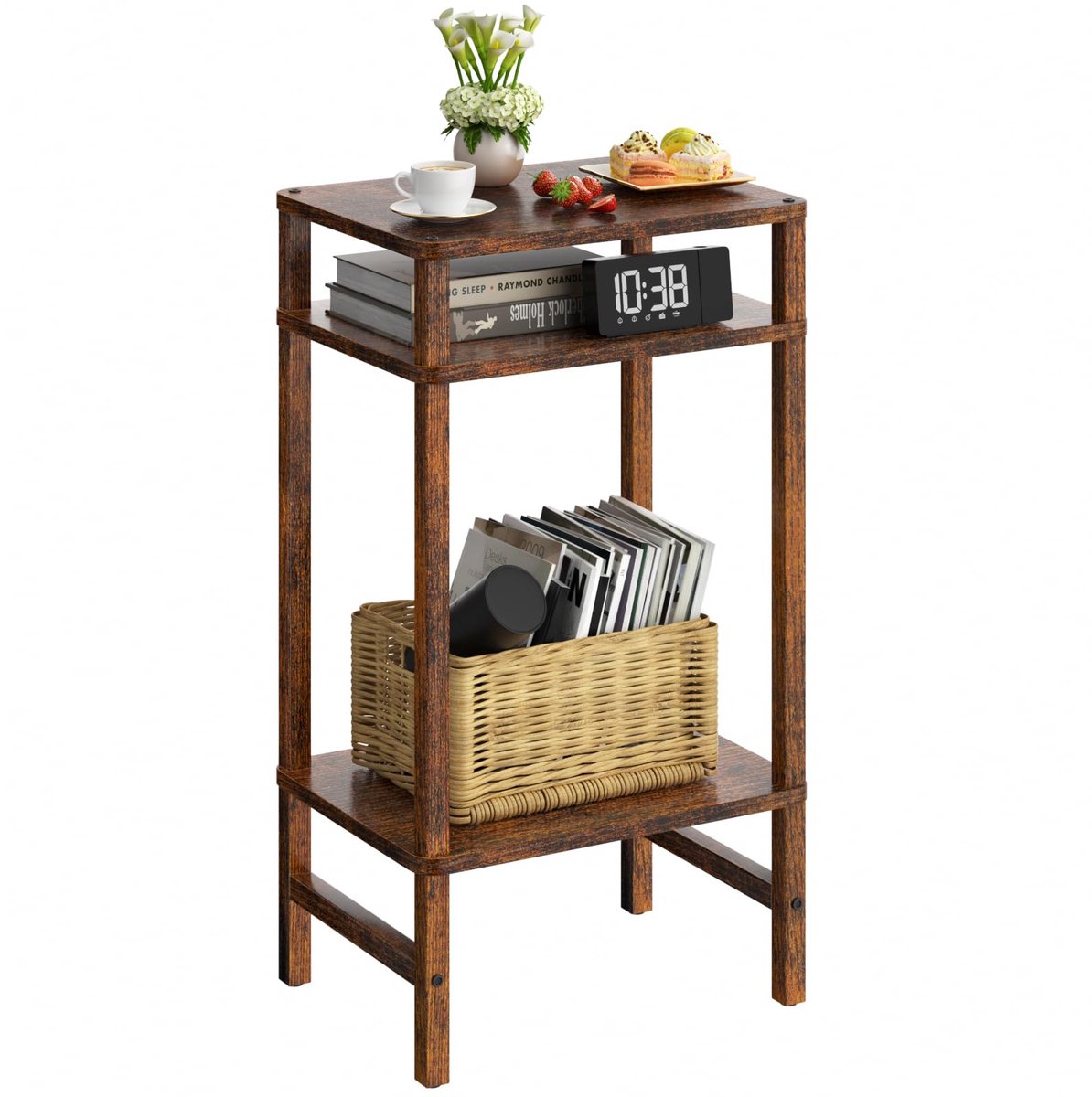 Unyqoos Houten Bijzettafel – Smal, Stijlvol & Multifunctioneel (3 Niveaus, 70 cm Hoog) bruin