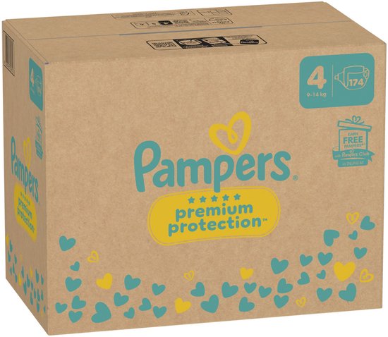 Boîte en carton de couches Pampers taille 4, 174 unités, 9-14kg. Avec 'Pampers premium protection' et motif de cœurs.