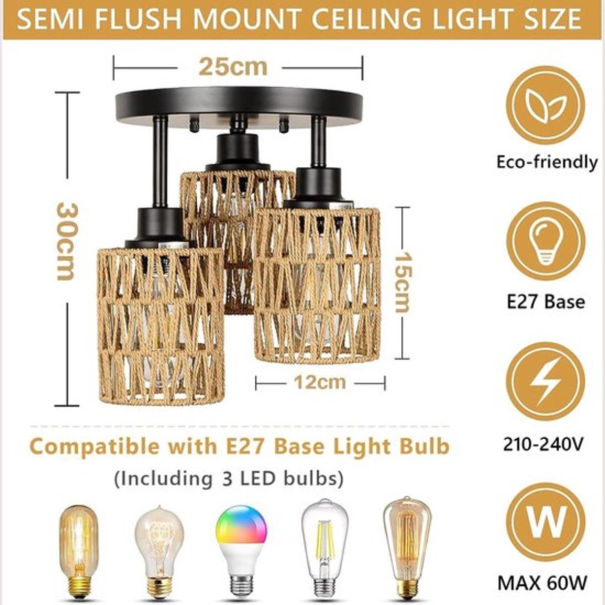 Handgemaakte Rotan Plafondlamp met E27 Fitting - Geweven Henneptouw - Boho Rieten Kroonluchter - Bamboe Plafondlamp - Nylon Touw Hanglamp - Voor Slaapkamer Eetkamer Gang - Handgemaakt rotan Plafondmontage