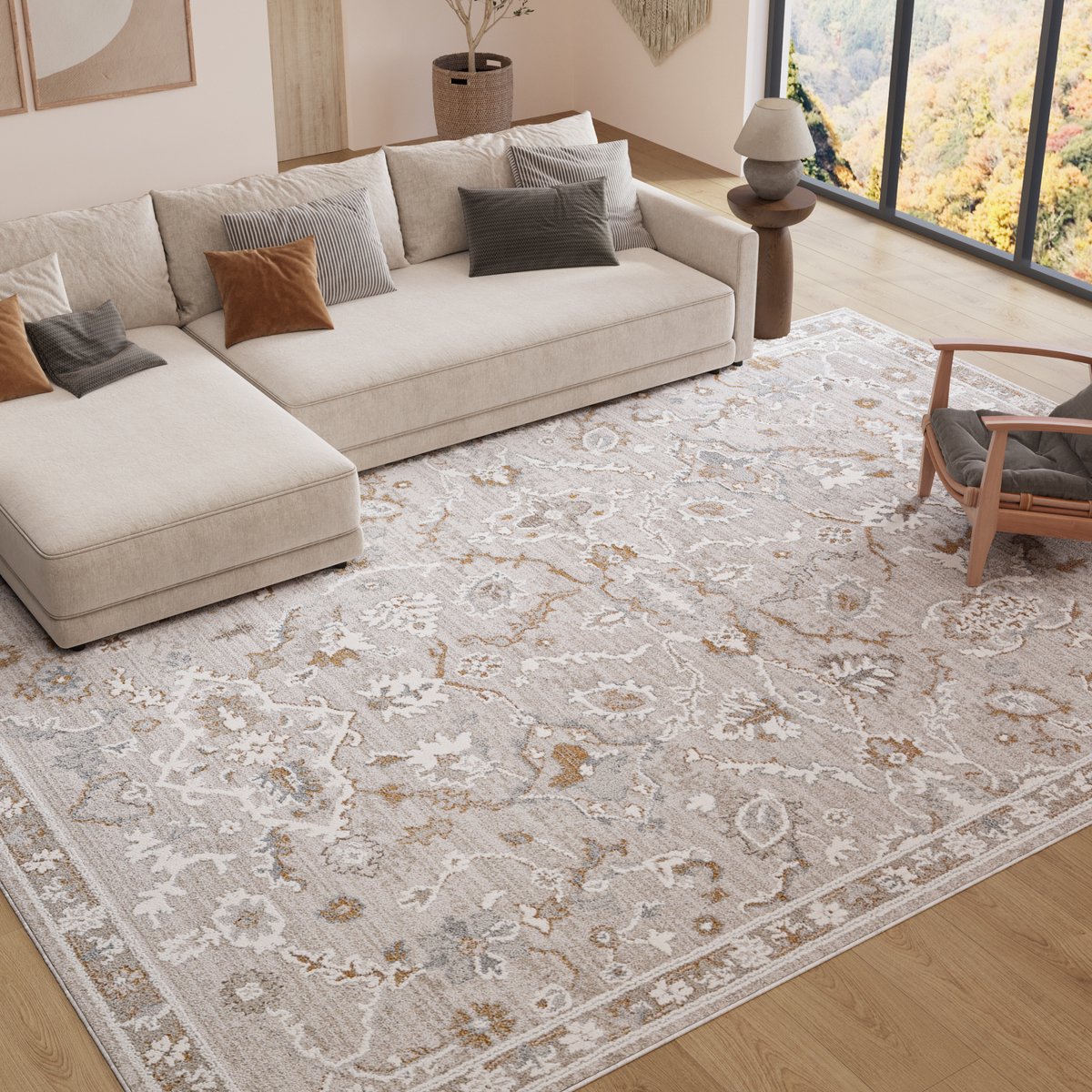 Tapiso Trend Tapijt Kortpolig - Vintage Tapijt Hoge Kwaliteit - Elegant Woonkamer Tapijt in Crème Beige met Bruin Grijs - Bloemenpatroon, Frame- Easy Care Tapijt - OEKO-TEX 120x170 Crème Bruin 1
