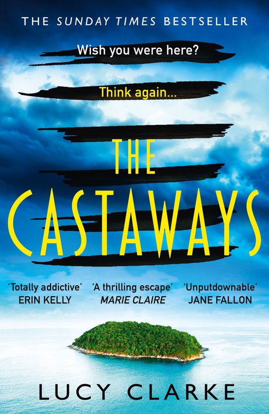 Boekcover van 'The Castaways' met een eilandje in de zee en zwarte strepen boven de titel.