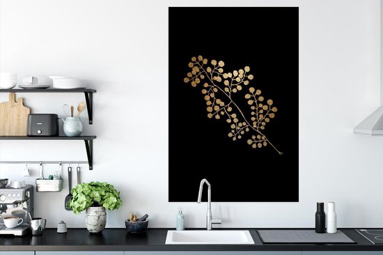 Branche à feuilles rondes dorées sur fond noir 80x120 cm