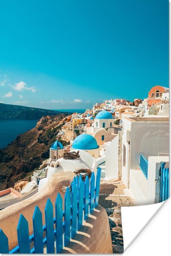 Poster Blauw voetpad in Santorini Griekenland - 20x30 cm