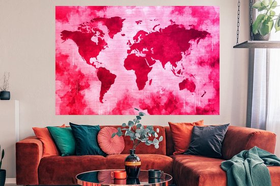 Wereldkaart avec peinture rose vif et fond avec motif texturé 180x120 cm
