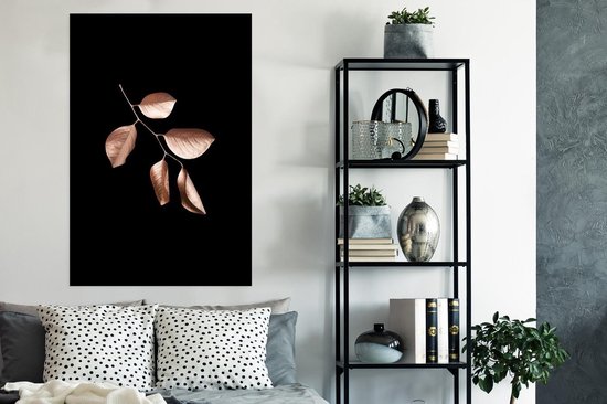 Branche à feuilles rose or sur fond noir 80x120 cm