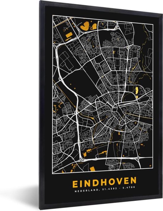 Fotolijst incl. Poster - Plattegrond - Eindhoven - Goud - Zwart - 60x90 cm - Posterlijst - Stadskaart