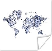 Poster Wereldkaart - Delfts Blauw - wit - 30x30 cm