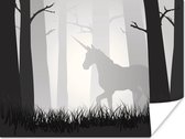 Poster Een illustratie van een eenhoorn in een mistig bos - Meisjes - Kind - Kids - 160x120 cm XXL