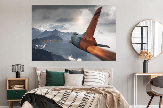 Un chasseur à réaction de l'armée au-dessus des montagnes Poster 180x120 cm - Tirage photo sur Poster (décoration murale salon / chambre) XXL / Groot format!