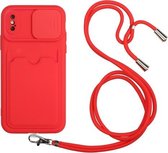 Sliding Camera Cover Design TPU-beschermhoes met kaartsleuf en nekkoord voor iPhone X / XS (rood)