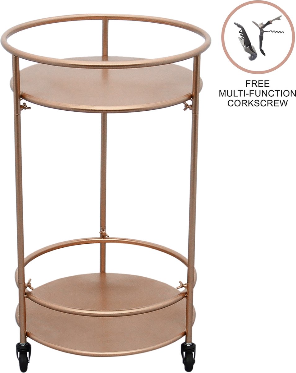 Bar Trolley Serveerwagen Serveerkar Drank Cart, Metaal Roségoud 39cm