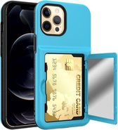 Schokbestendige pc + TPU-beschermhoes met kaartsleuven en spiegel voor iPhone 12 Pro Max (blauw + zwart)