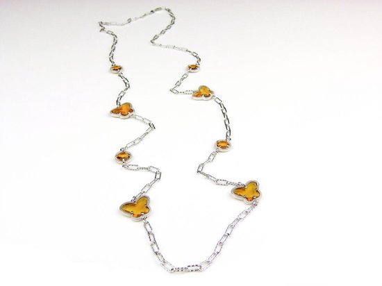 lange zilveren halsketting collier halssnoer gerhodineerd Model Vlinder en Bol met amber bruine stenen