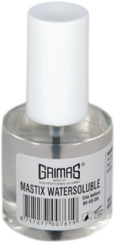 Grimas Mastix Watersoluble huidlijm, 10 ml, in doorzichtig flesje met witte dop en kwastje.