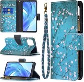 Voor Xiaomi Mi 11 Lite Gekleurd Tekenpatroon Rits Horizontale Flip Lederen Case met Houder & Kaartsleuven & Portemonnee (Pruimenbloesem)