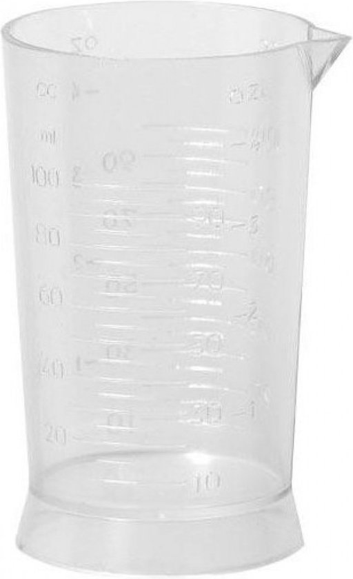 Doorzichtige plastic maatbeker met schaalverdeling in ml en oz, tot 100 ml.