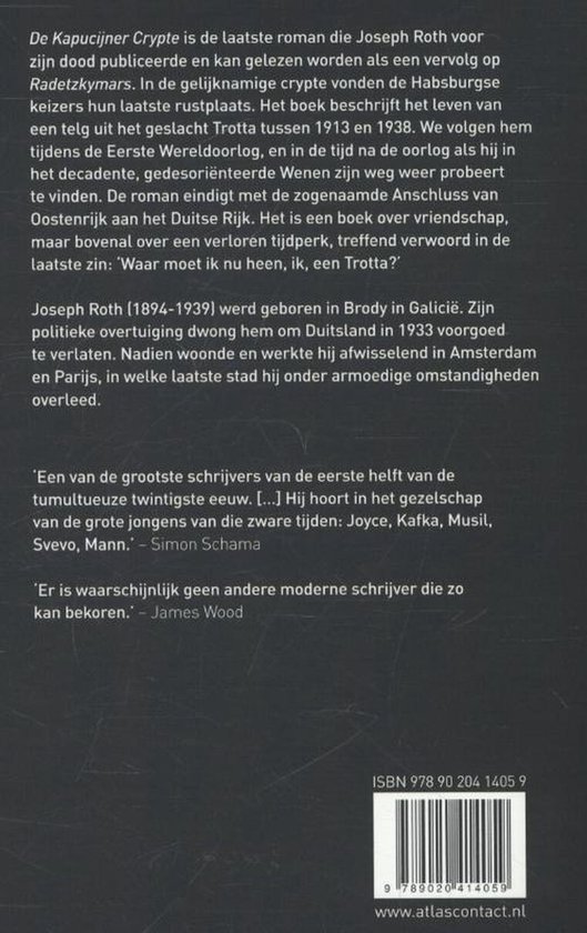Boekomslag van 'De Kapucijner Crypte' door Joseph Roth, met een portret van de auteur.