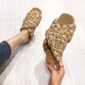Dames zomersandalen met open teen, geweven platte slippers, maat: 37 (kaki)