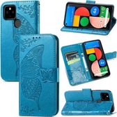 Voor Google Pixel 5A Vlinder Liefde Bloem Reliëf Horizontale Flip Leren Case met Beugel & Kaartsleuf & Portemonnee & Lanyard (Blauw)