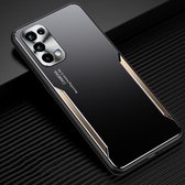 Voor OPPO Reno5 5G Blade Serie TPU Frame + Titanium Legering Zandstralen Technologie Backplane + Kleur Aluminium Legering Decoratieve Rand Mobiele Telefoon Beschermende Shell (Zwart + Goud)