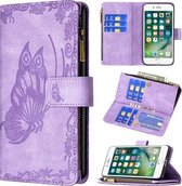 Voor iPhone 8/7 Flying Butterfly Embossing Pattern Rits Horizontale Flip lederen tas met houder & kaartsleuven & portemonnee (paars)