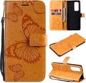 Voor OPPO Reno5 Pro + 5G / Find X3 Neo Pressed Printing Butterfly Pattern Horizontale Flip PU lederen tas met houder & kaartsleuven & portemonnee & lanyard (geel)