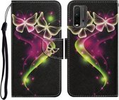 Voor Xiaomi Redmi 9T Gekleurde Tekening Patroon Horizontale Flip PU Lederen Case met Houder & Kaartsleuven & Portemonnee & Lanyard (Paar Vlinder)