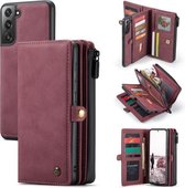 Voor Samsung Galaxy S21 FE CaseMe 018 Afneembare multifunctionele horizontale flip lederen tas, met kaartsleuf & houder & rits portemonnee & fotolijst (rood)