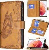 Voor Samsung Galaxy S21 5G Vliegende Vlinder Embossing Patroon Rits Horizontale Flip Leren Case met Houder & Kaartsleuven & Portemonnee (Bruin)