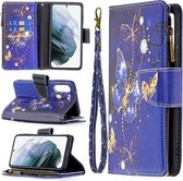 Voor Samsung Galaxy S21 FE Gekleurde Tekening Patroon Rits Horizontale Flip Leren Case met Houder & Kaartsleuven & Portemonnee (Paarse Vlinder)