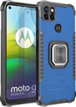 Voor Motorola Moto G9 Power Fierce Warrior Series Armor All-inclusive schokbestendig aluminium + TPU beschermhoes met ringhouder (blauw)