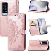 Halverwege Mandala-reliëfpatroon Horizontaal leren flip-hoesje met houder & kaartsleuven & portemonnee & draagkoord voor vivo X60 Pro (roségoud)