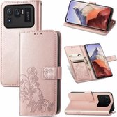 Voor xiaomi mi 11 ultra vierbladige gesp reliëf gesp mobiele telefoon bescherming lederen tas met lanyard & kaartsleuf & portemonnee & beugel functie (rose goud)