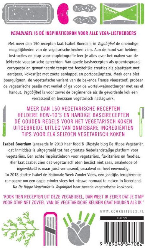Boek "Vegabijbel" met illustraties van groenten, kruiden en kookgerei.